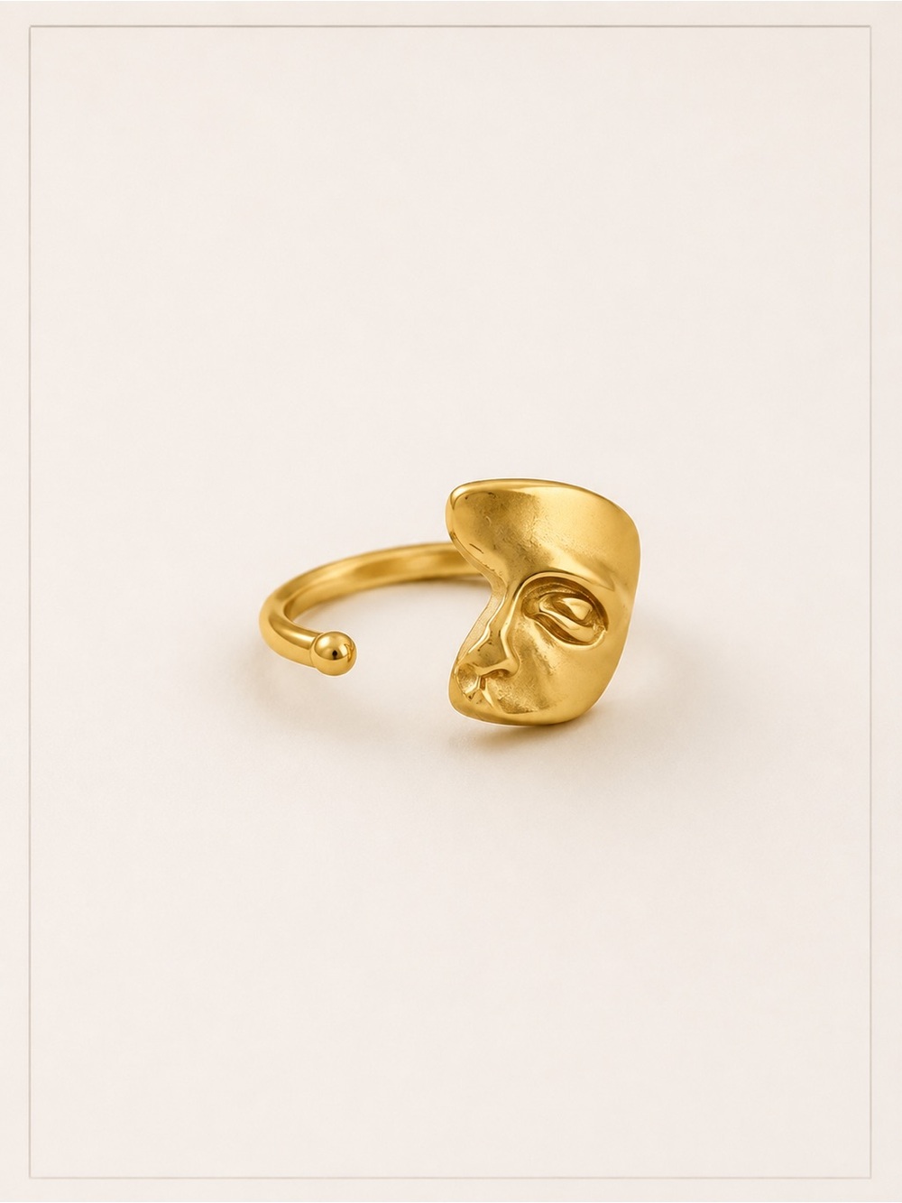 Gold Plated Face Sculpted Open Ring - Women Jewelry Adjustable
